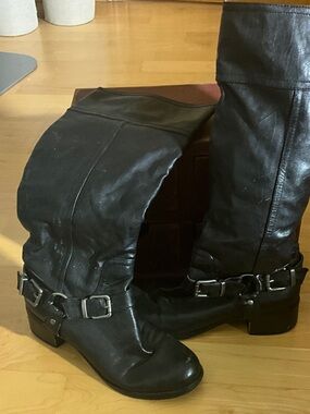 Victor Alfaro Black Leather Over-the-Knee Buckle Boots